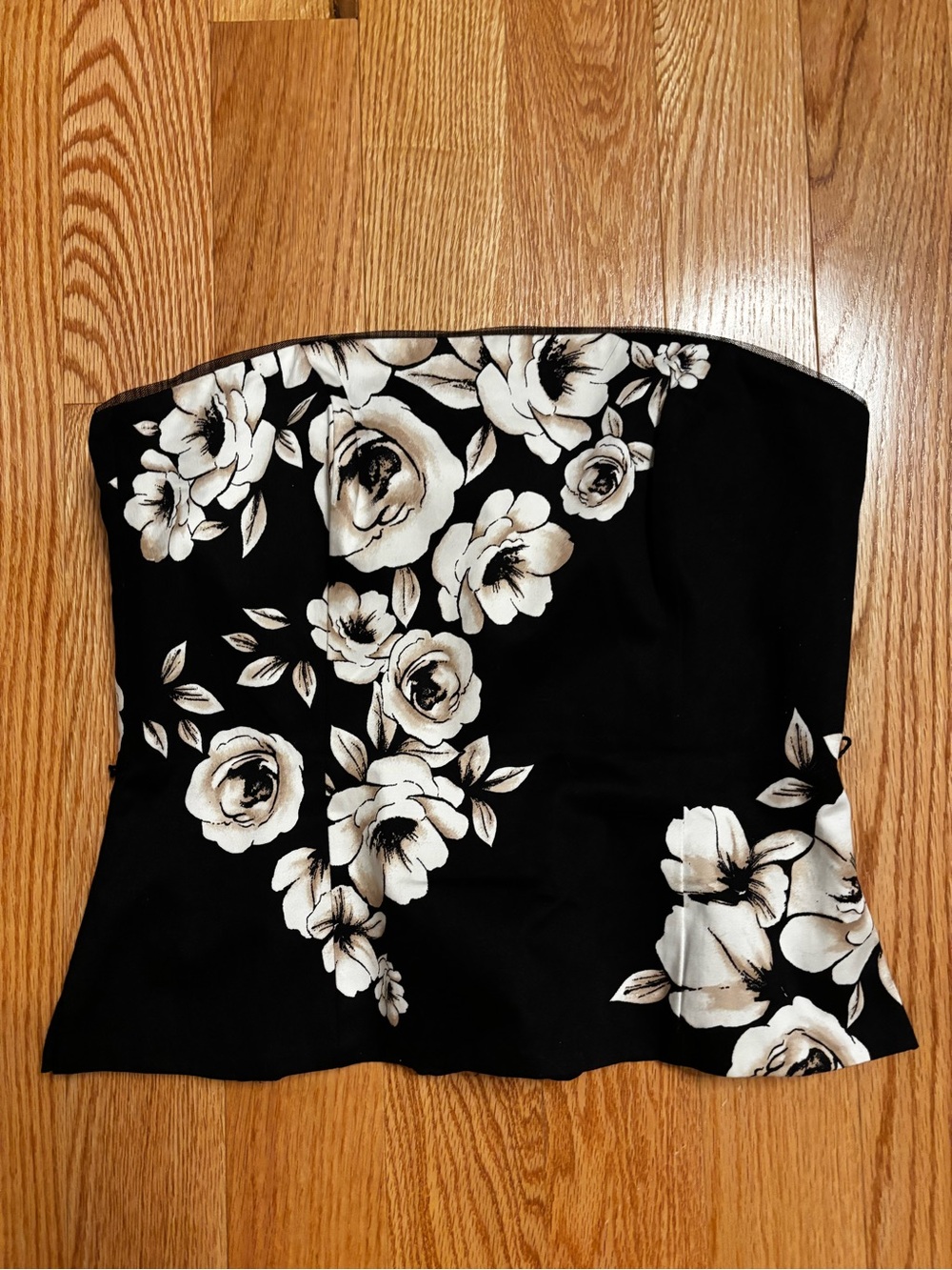 White House Black Market Black Strapless Bustier Top with Floral Accent